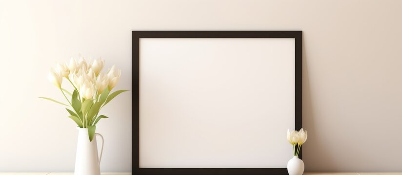 A beautiful vase filled with colorful flowers sitting next to a decorative picture frame