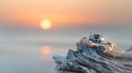 A solitary crab perched on a weathered piece of driftwood, framed by a misty morning sunrise over a tranquil ocean horizon