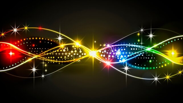 Abstract representation of glowing sound waves with sparkling light effects against a dark background, ideal for themes related to music, technology, and audio visualizations.