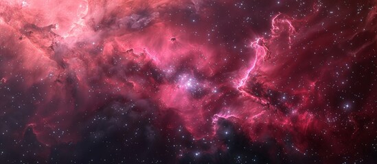 A large, bright red nebula with stars in the background