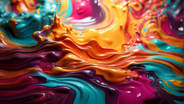 This image captures the fluidity and vibrancy of multicolored liquid paint waves, representing creativity and dynamism