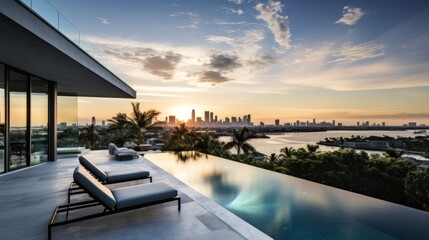 Fototapeta premium Modern villa with a private rooftop infinity pool overlooking the Miami skyline in Florida