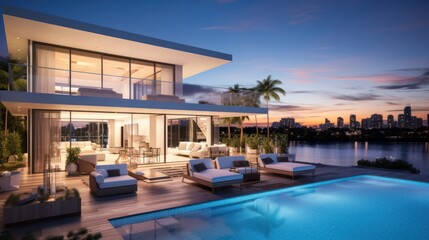 Modern villa with a private rooftop infinity pool overlooking the Miami skyline in Florida - obrazy, fototapety, plakaty