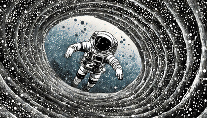 Searching life in space - the astronaut swims through the tubes of a wormhole, beautiful milky way