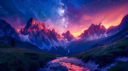 Milky Way pours its celestial light over a dramatic mountain valley, with a twilight glow reflecting in the meandering river, ideal for fantasy-themed projects or nature backgrounds.