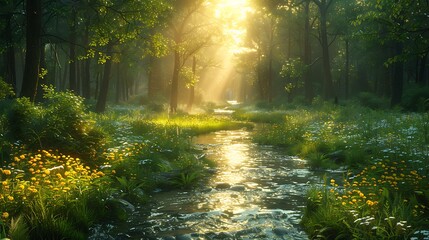 morning in the parkA tranquil forest glade dappled with sunlight, where the only sounds are the...