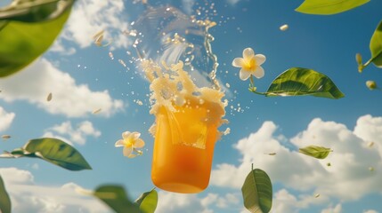 Orange juice poured out of the cup with leaf and clouds - obrazy, fototapety, plakaty