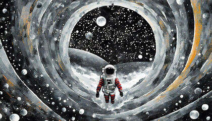 Searching life in space - the astronaut swims through the tubes of a wormhole, beautiful milky way