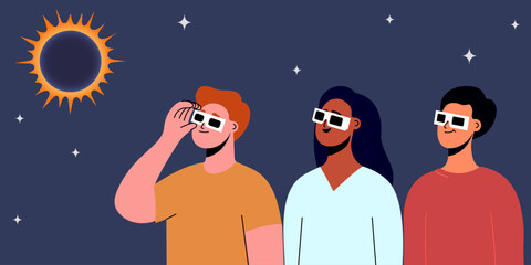A group of people wearing safety glasses watch a solar eclipse. Vector illustration - obrazy, fototapety, plakaty