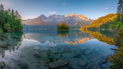 Magazine landscape, Lake Island, Lake, mountains, Magazine landscape