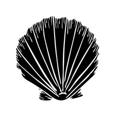 Vector seashell black silhouette illustration. Hand drawn maritime seashell sketch. Monochrome undersea seashell drawing. Isolated design element in silhouette style for icon, logo, seafood shop, menu