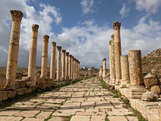 Jerash city ancient Roman structures,Gerasa, Jordan, hippodrom, amphiteatre,theatres and columns of the ancient Roman civilization made out of sand and