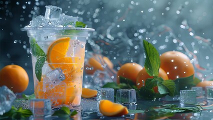 Refreshing orange juice with mint leaves, ice cubes, orange slices, and water splash on a table - Powered by Adobe