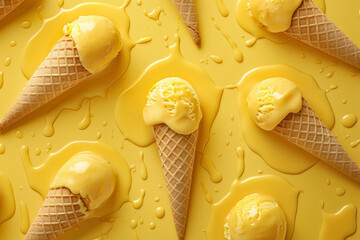 Vanilla melted ice cream pattern in waffle cone