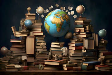 Globe and books on the table. Education concept. 3D rendering