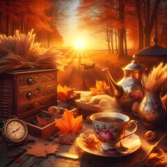 Victorian style hot coffee cup with the autumn sunrise in the background.