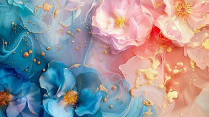 Abstract blue and pink floral digital artwork with gold speckles. Artistic botanical illustration.