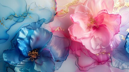 Blue and pink ink flowers with gold flecks. Artistic floral abstract design.
