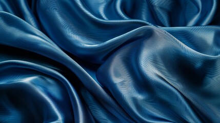 Luxurious close-up of rich blue silky fabric texture. Elegant rippled surface of a satin textile. Sumptuous blue satin cloth with delicate folds.