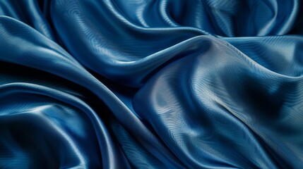 Fototapeta premium Luxurious close-up of rich blue silky fabric texture. Elegant rippled surface of a satin textile. Sumptuous blue satin cloth with delicate folds.