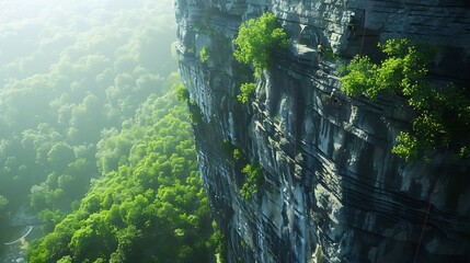 Rock climbers scaling sheer cliffs - obrazy, fototapety, plakaty