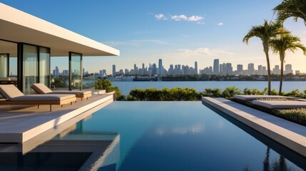 Fototapeta premium Modern villa with a private rooftop infinity pool overlooking the Miami skyline in Florida