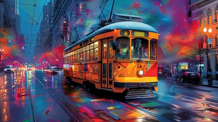 colorful pop art vintage tram, streetcar rail transportation 