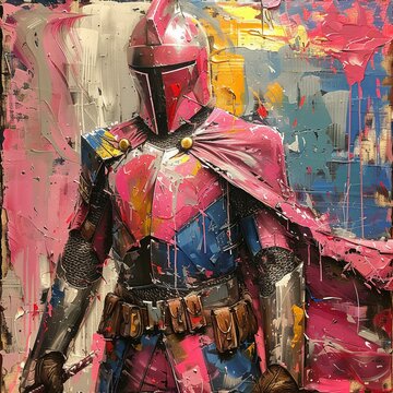 pop art medieval knight standing in amor and cape, noble warrior in helmet