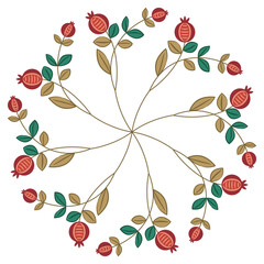 Round star shape floral mandala with stylized blooming branches with ripe berries or fruits. Folk style. Isolated vector illustration.