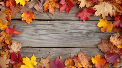 Naklejka na ściany i meble Frame of autumn leaves with wood background. AI generative.