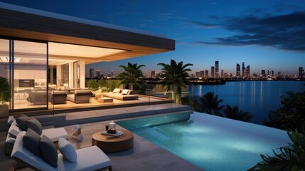 Fototapeta premium Modern villa with a private rooftop infinity pool overlooking the Miami skyline in Florida