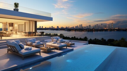 Modern villa with a private rooftop infinity pool overlooking the Miami skyline in Florida