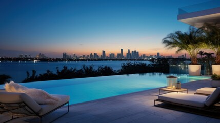 Modern villa with a private rooftop infinity pool overlooking the Miami skyline in Florida