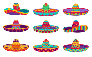 Mexican hat set vector design illustration isolated on white background. Ethnic retro carnival hat. Colorful clothes design elements.