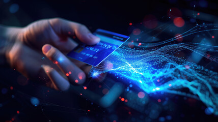 Credit card connected to chip of pos terminal, futuristic view of hand and digital payment. Concept of data, tech, bank, online, pay, technology.