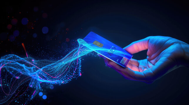 Credit card connected to chip of pos terminal, futuristic view of hand and digital contactless payment. Concept of data, tech, bank, online, pay, technology,