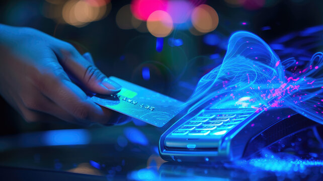 Credit card connected to pos terminal, futuristic view of hand and digital contactless payment. Concept of data, tech, bank, online, pay, technology, e-ecommerce