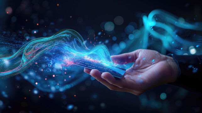 Credit card connected to chip of pos terminal, futuristic view of hand and digital payment. Concept of data, tech, bank, online, pay, technology, e-ecommerce - Powered by Adobe