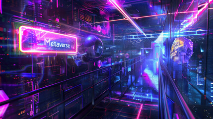 Futuristic cyber space with neon sign Metaverse, abstract digital world background. Corridor or room with data lights in cyberspace. Concept of technology, future, tech