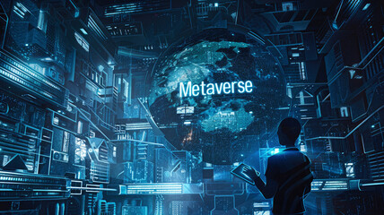 Futuristic cyber space with sign Metaverse, abstract digital world background. Person in room with data lights. Concept of technology, future, tech, virtual reality