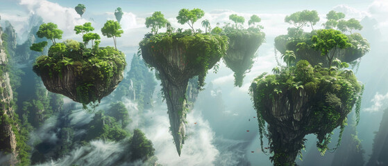 Flying tropical islands, panoramic view, surreal misty mountain landscape with land floating in sky. Concept of fantasy, fairy world, green planet, fog - 776341537