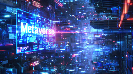 Futuristic cyber space with sign Metaverse, abstract digital world background. City with data lights in cyberspace. Concept of technology, future, tech, virtual