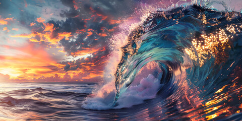 Colorful Ocean Wave. Sea water in crest shape. Sunset light and beautiful clouds on background 