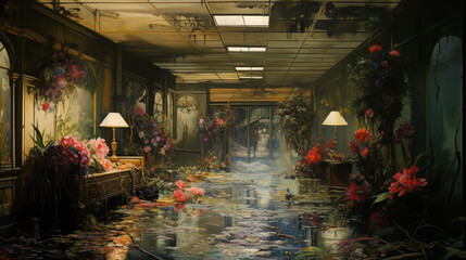 Obraz premium The long-abandoned hotel lobby and the hotel corridor are overgrown with flowers