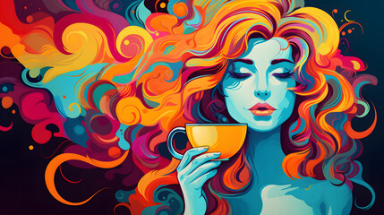 A colorful illustration of a woman with vivid, flowing hair and a serene expression, holding a cup in a dreamy stance