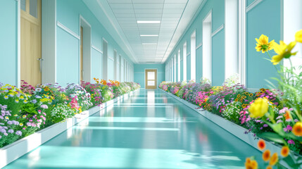 Bright hospital corridor adorned with colorful flowers