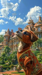"Elegant Canine Basking in the Grandeur of a Majestic Mansion"