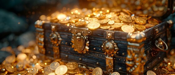 Detailed image of treasure chest filled with gold coins and jewels. Concept Treasure Chest, Gold Coins, Jewels, Wealth, Riches