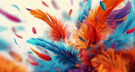A colorful image of feathers with a lot of different colors. The feathers are scattered all over the image, creating a sense of movement and energy. Scene is vibrant and lively. carnival - obrazy, fototapety, plakaty