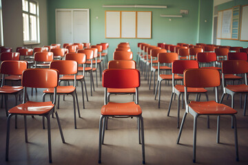 Rows of empty chairs in a lecture hall or conference room.